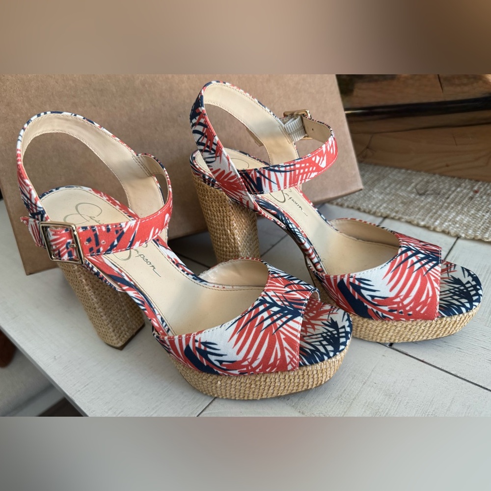 Jessica Simpson Espadrille Wedge Sandals – Tropical / Palm Print - New w/out box